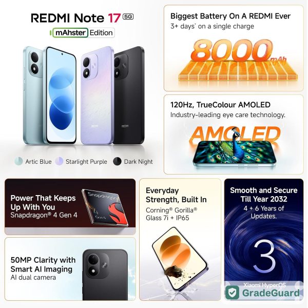 Redmi Note 17 5G 128GB 8GB RAM — Arctic Blue (Refurbished) — view 3 Redmi Note 17 5G 128GB 8GB RAM — Arctic Blue (Refurbished) — view 3
